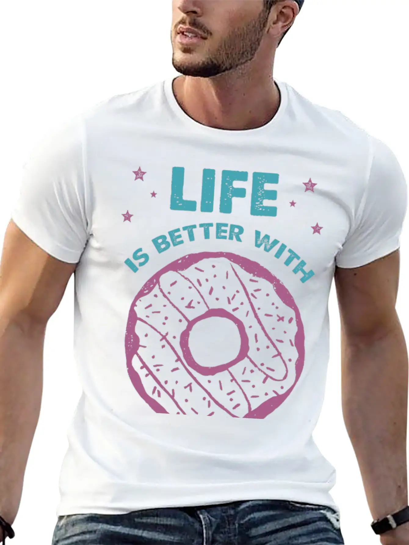 Hand Drawn Donut Life Is Better With Sweets Unisex Short Sleeve Soft Cotton T-Shirt – Casual Everyday Wear