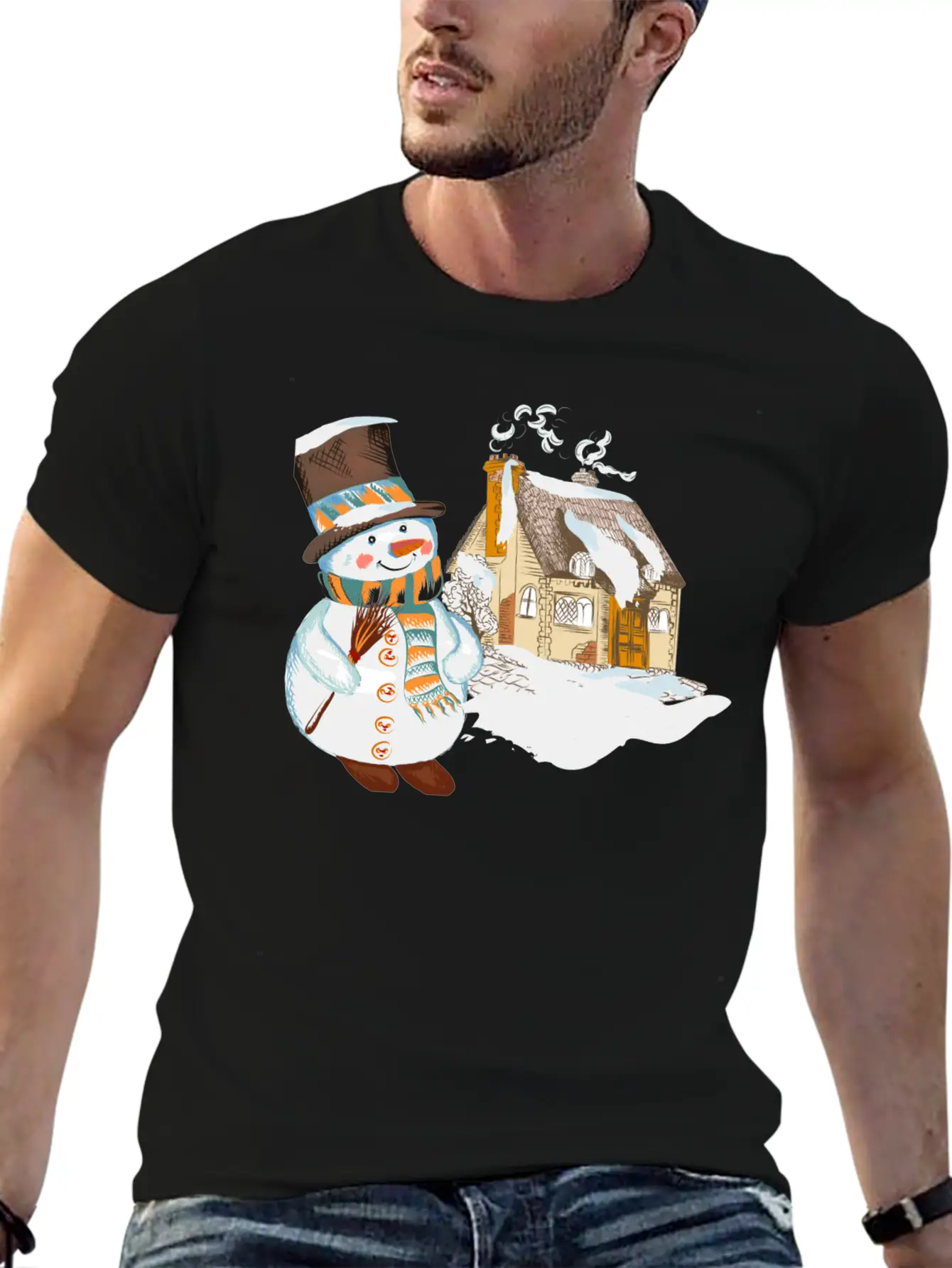 Hand Drawn Snowman Christmas Background Basic Graphic T-Shirt – Daily Comfort In Soft Cotton
