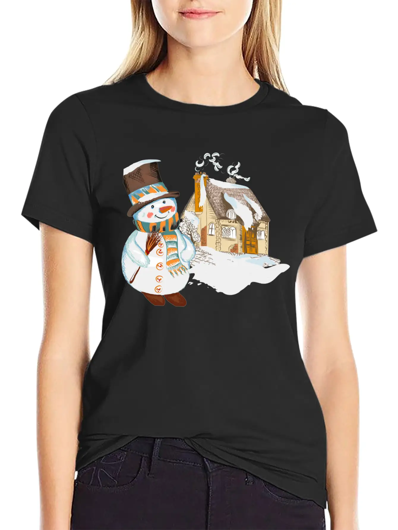 Hand Drawn Snowman Christmas Background Basic Graphic T-Shirt – Daily Comfort In Soft Cotton