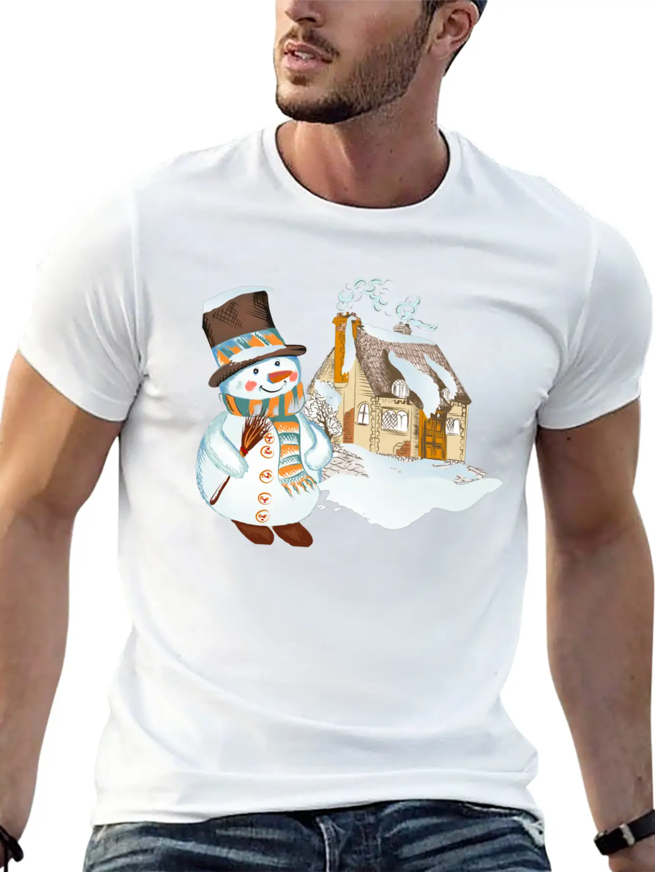 Hand Drawn Snowman Christmas Background Basic Graphic T-Shirt – Daily Comfort In Soft Cotton