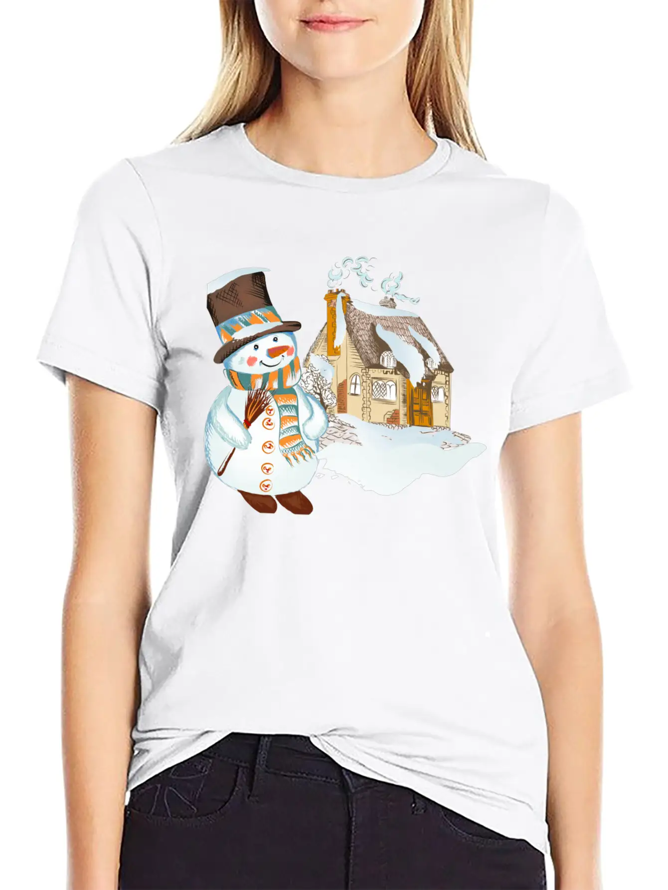Hand Drawn Snowman Christmas Background Basic Graphic T-Shirt – Daily Comfort In Soft Cotton