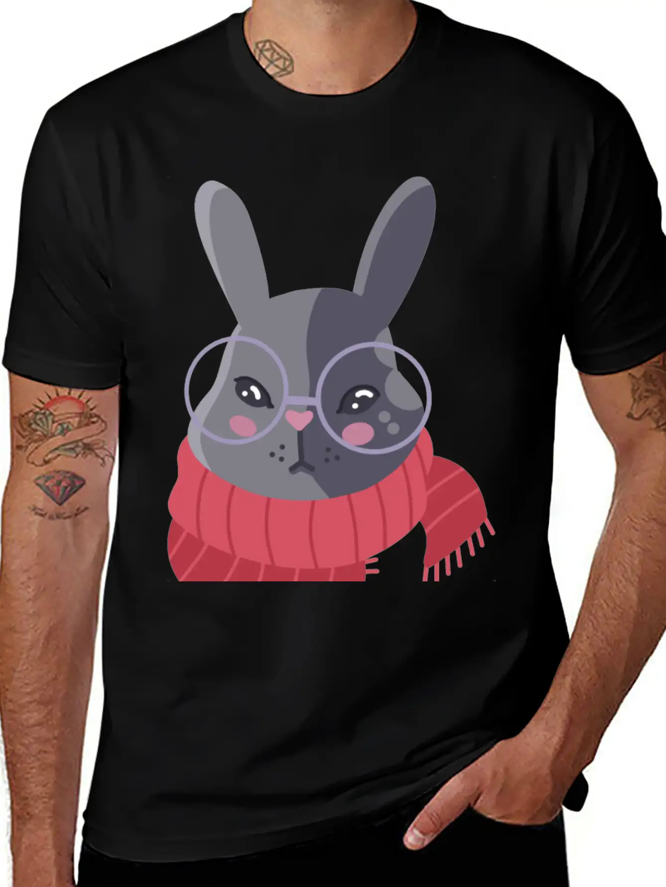 Hand Drawn Winter Red Scarf Rabbit In Glasses Basic Graphic T-Shirt – Daily Comfort In Soft Cotton