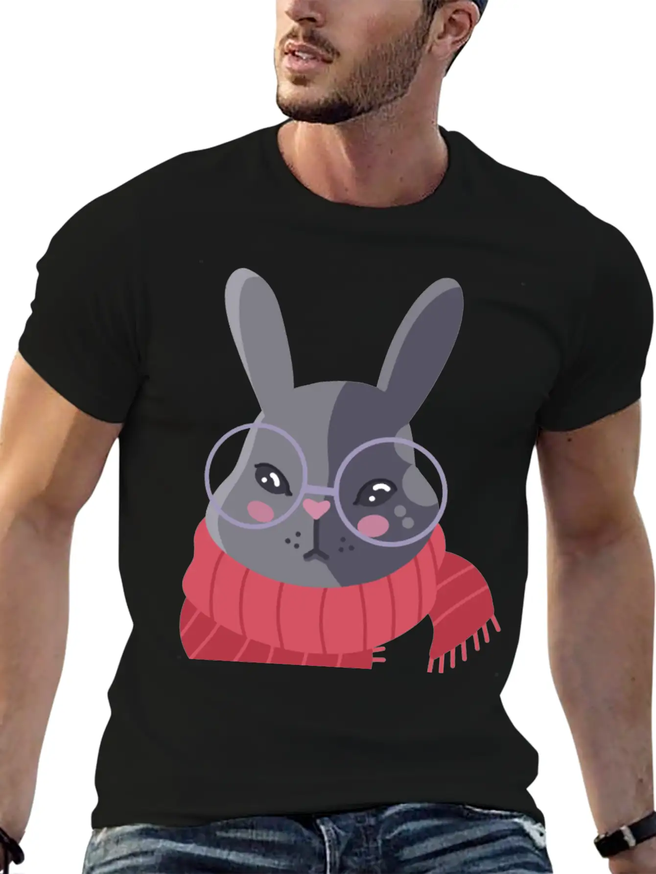 Hand Drawn Winter Red Scarf Rabbit In Glasses Basic Graphic T-Shirt – Daily Comfort In Soft Cotton