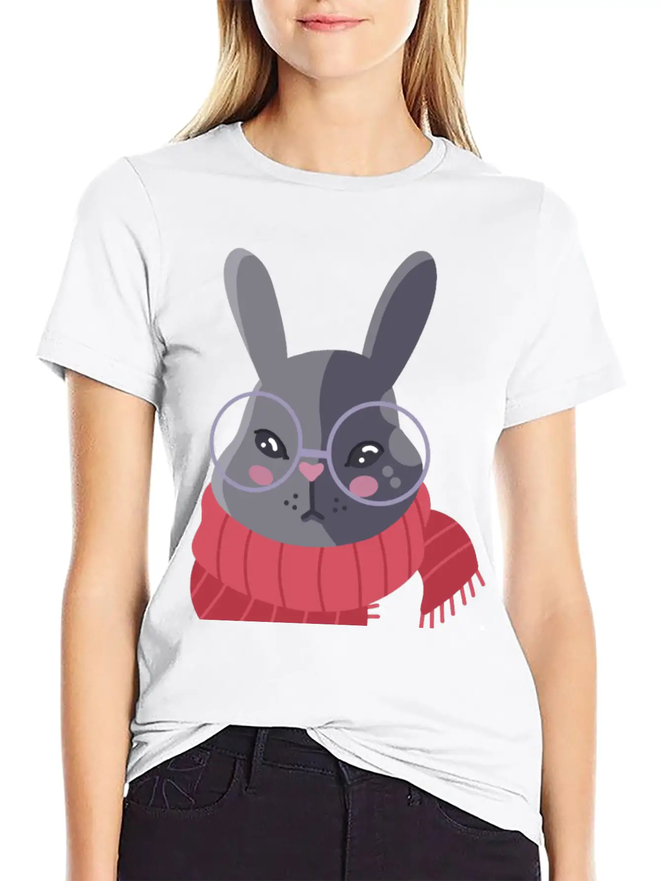 Hand Drawn Winter Red Scarf Rabbit In Glasses Basic Graphic T-Shirt – Daily Comfort In Soft Cotton