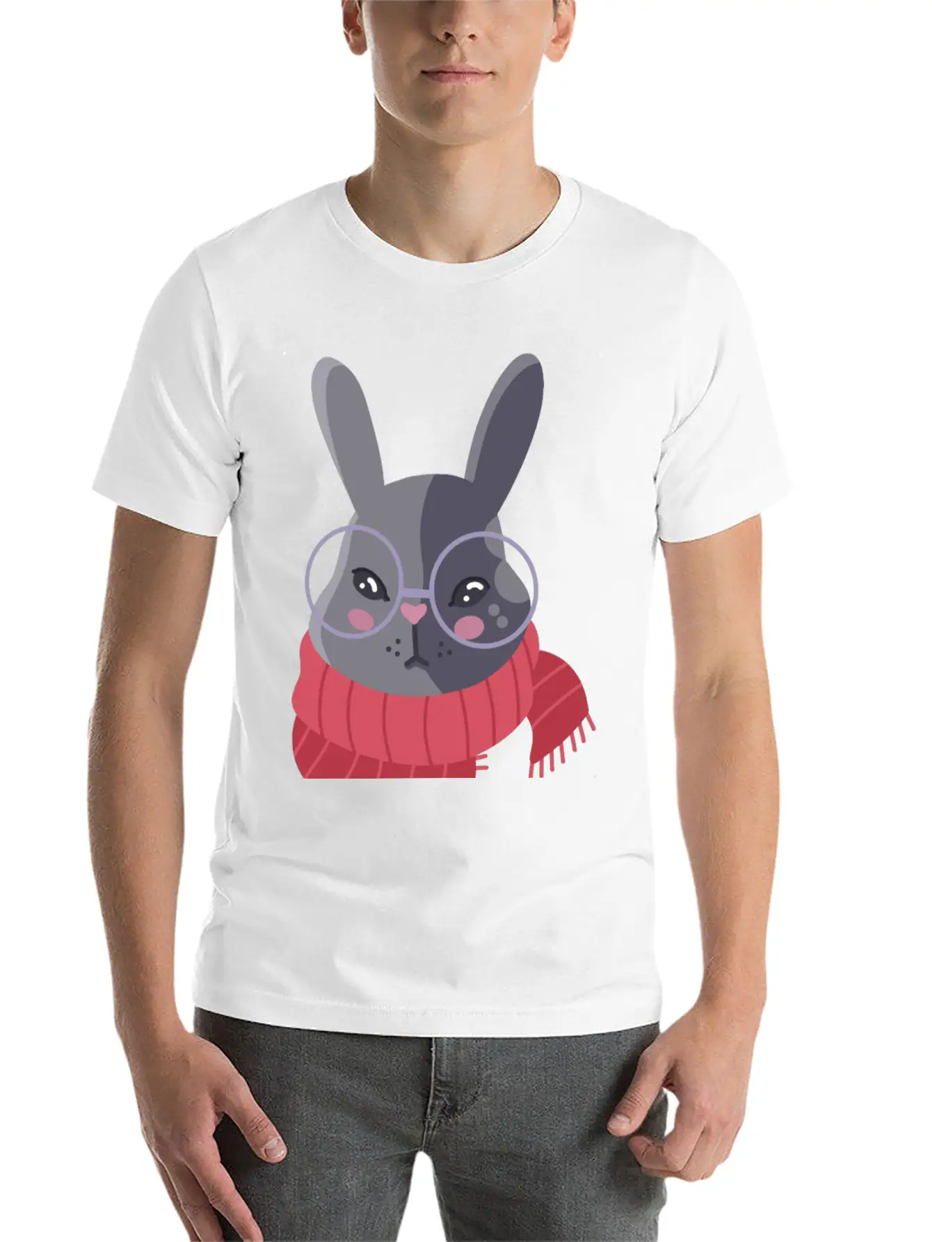 Hand Drawn Winter Red Scarf Rabbit In Glasses Basic Graphic T-Shirt – Daily Comfort In Soft Cotton