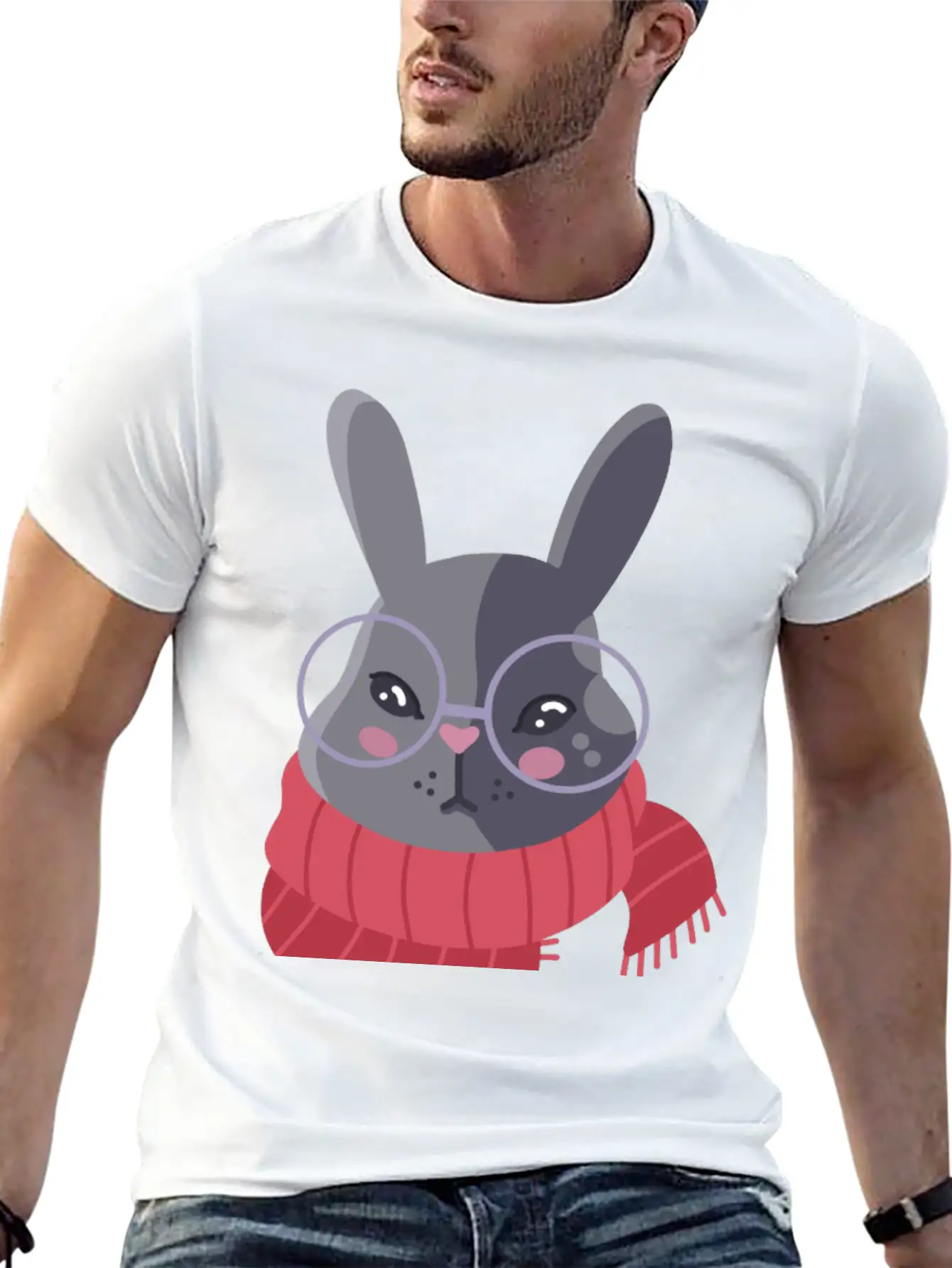 Hand Drawn Winter Red Scarf Rabbit In Glasses Basic Graphic T-Shirt – Daily Comfort In Soft Cotton