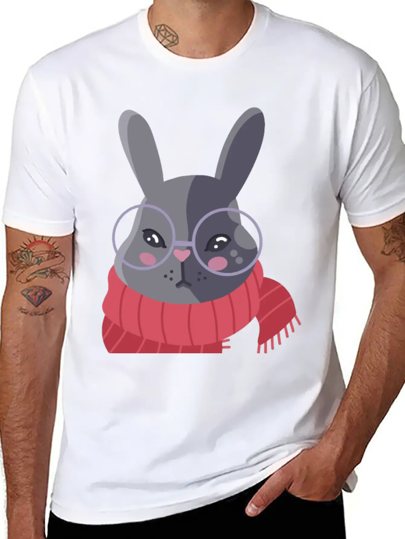 Hand Drawn Winter Red Scarf Rabbit In Glasses Basic Graphic T-Shirt – Daily Comfort In Soft Cotton