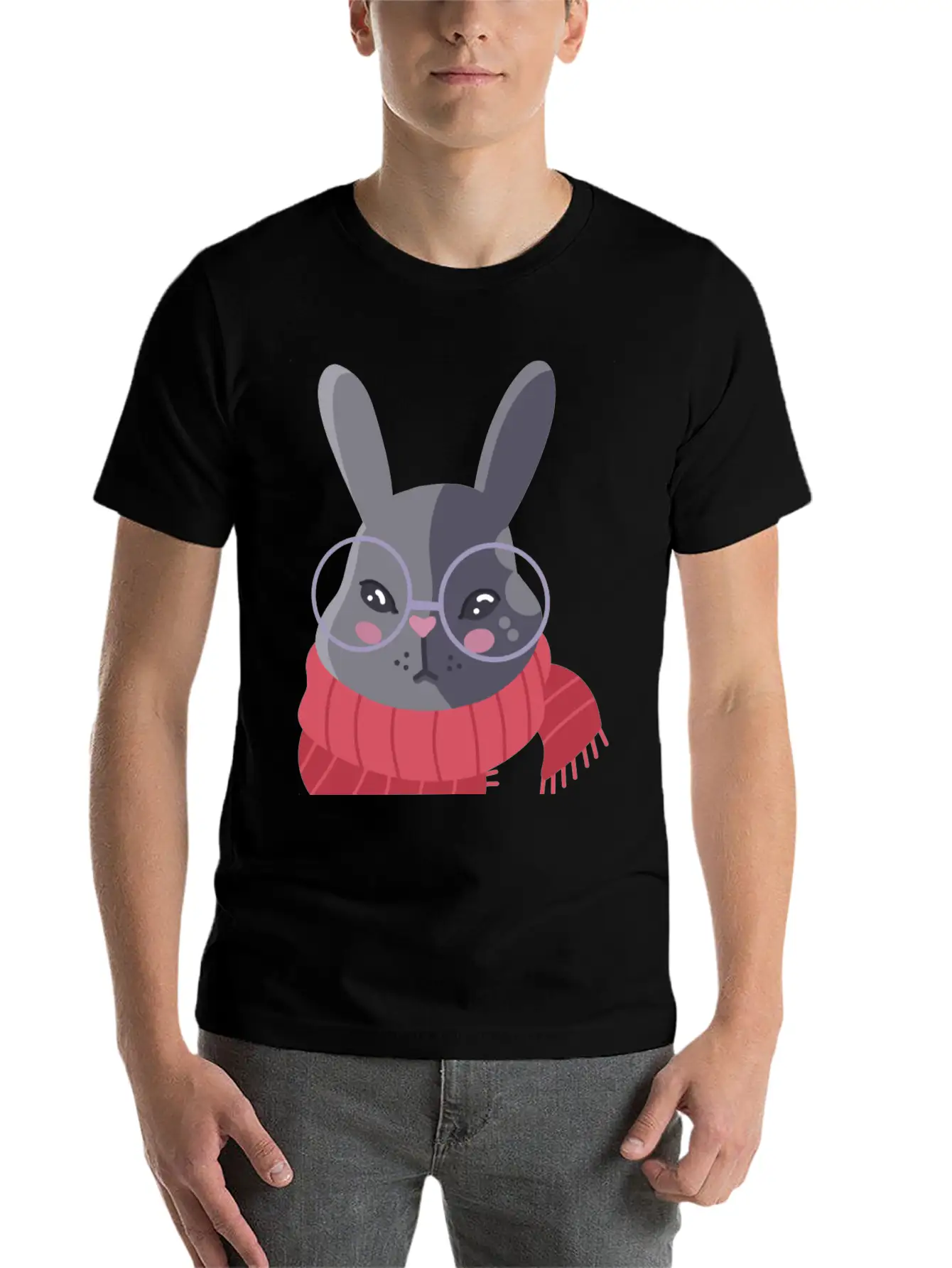 Hand Drawn Winter Red Scarf Rabbit In Glasses Basic Graphic T-Shirt – Daily Comfort In Soft Cotton