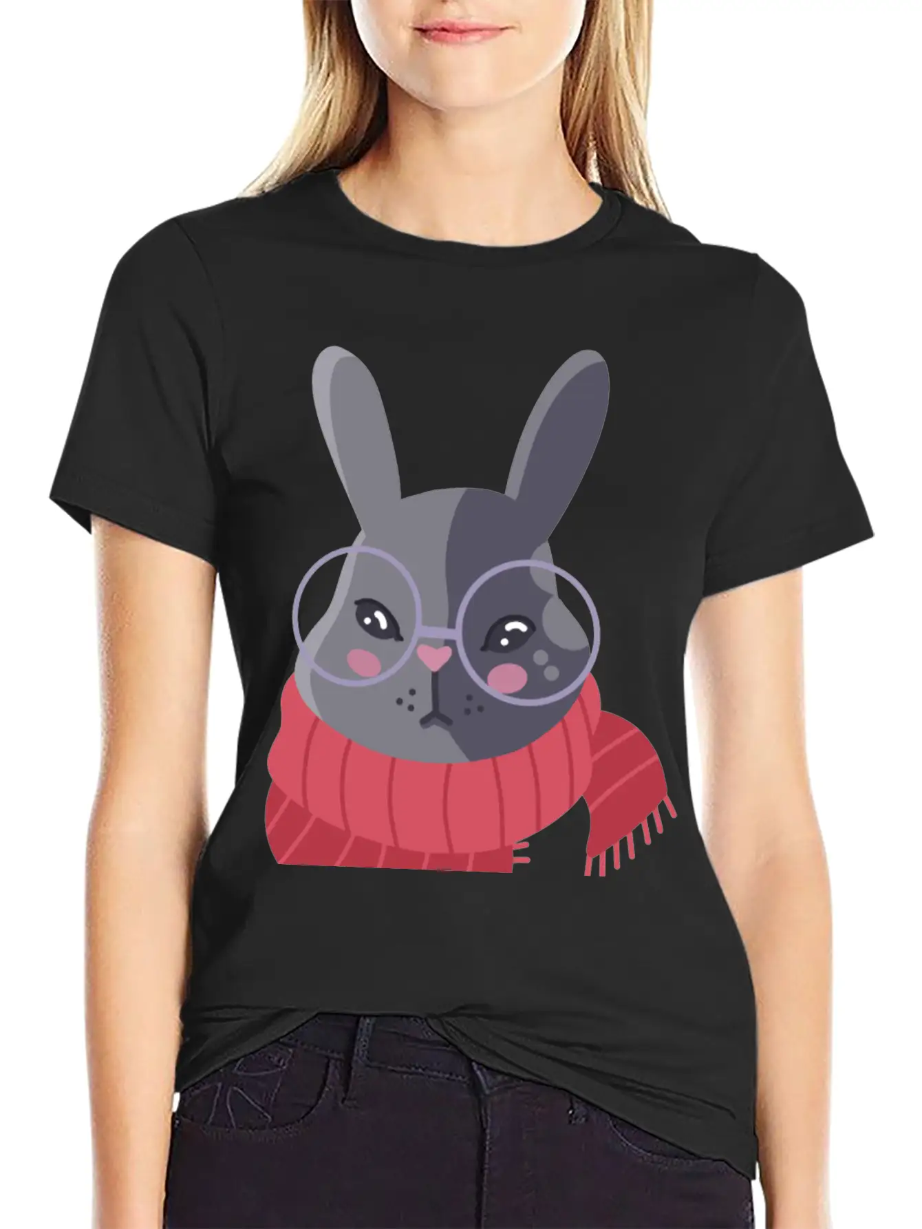 Hand Drawn Winter Red Scarf Rabbit In Glasses Basic Graphic T-Shirt – Daily Comfort In Soft Cotton