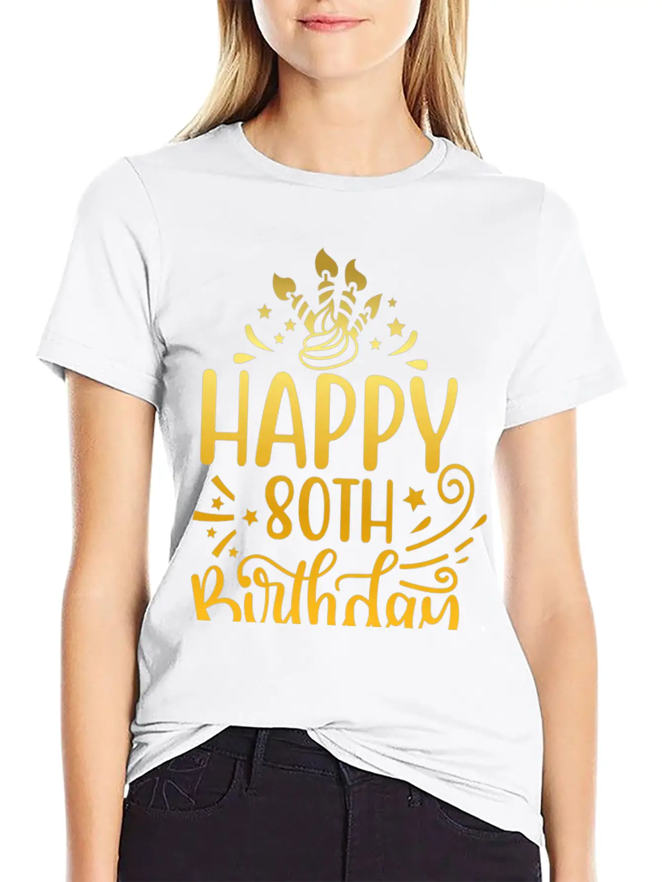 Happy 80th Birthday Presents 80 Year Old Gift Gold Unisex Short Sleeve Soft Cotton T-Shirt – Casual Everyday Wear