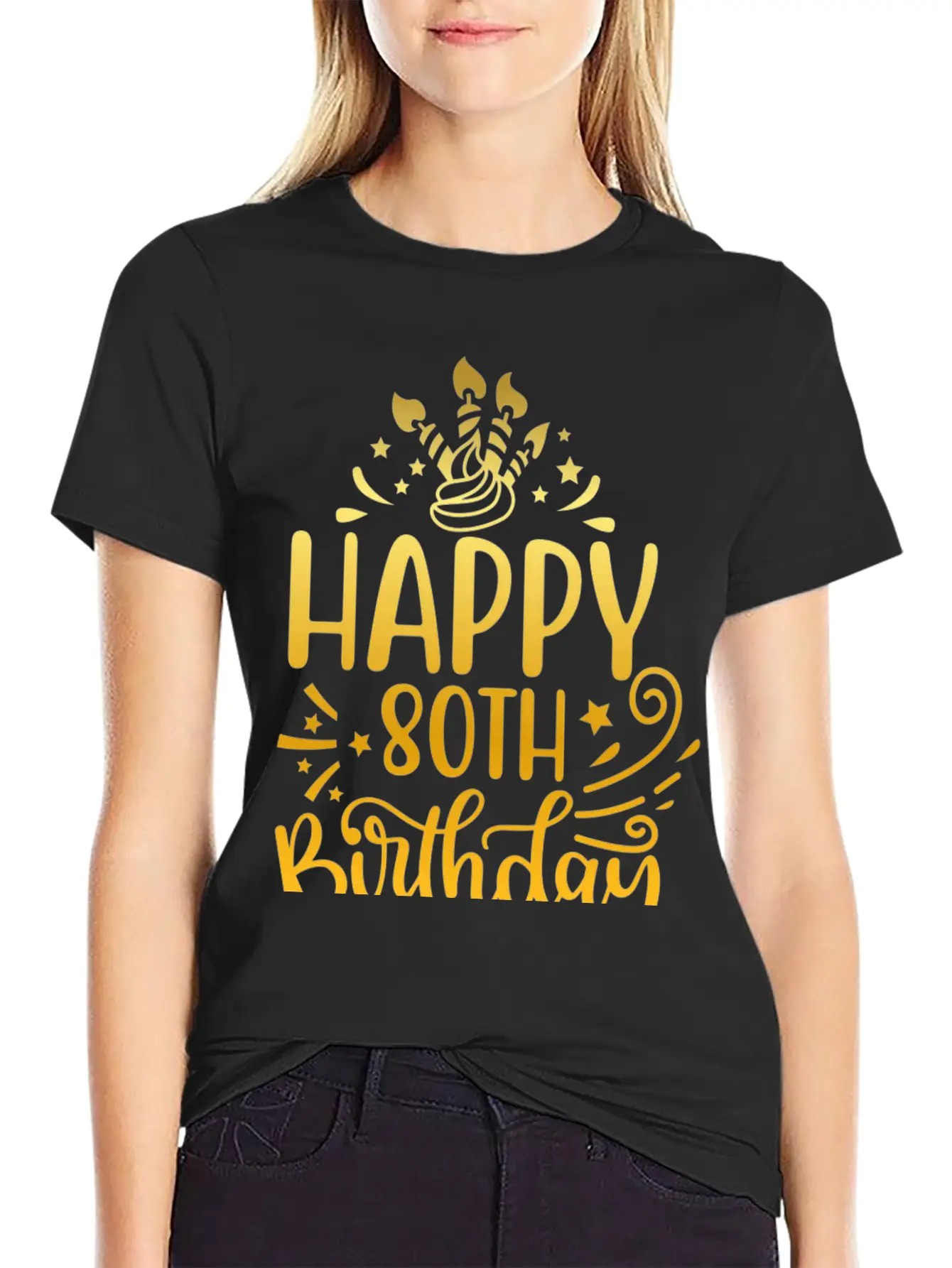 Happy 80th Birthday Presents 80 Year Old Gift Gold Unisex Short Sleeve Soft Cotton T-Shirt – Casual Everyday Wear