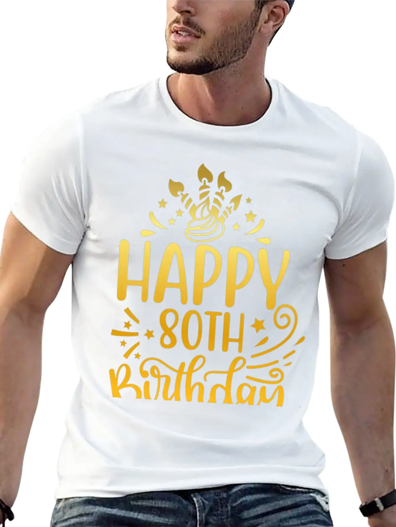 Happy 80th Birthday Presents 80 Year Old Gift Gold Unisex Short Sleeve Soft Cotton T-Shirt – Casual Everyday Wear