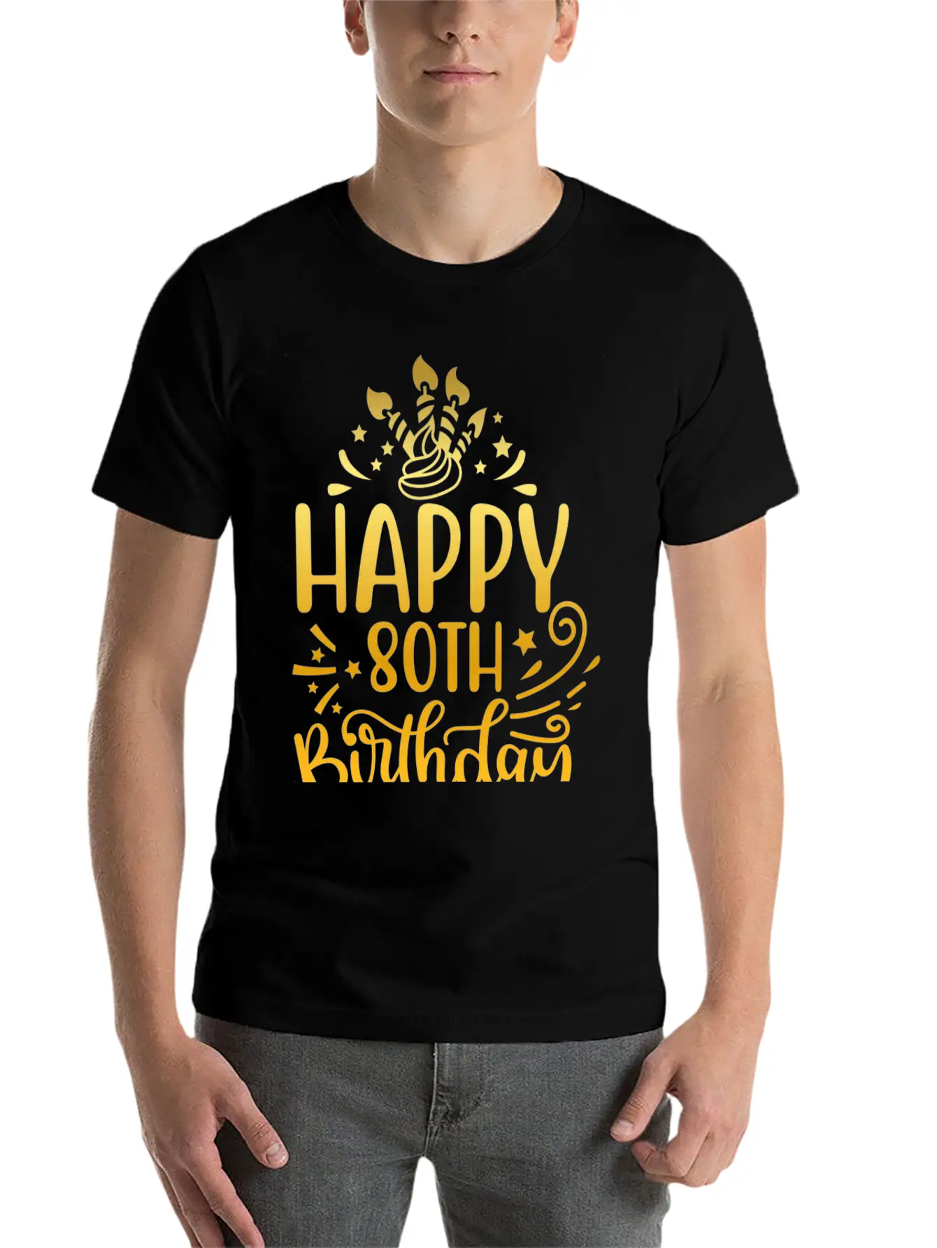 Happy 80th Birthday Presents 80 Year Old Gift Gold Unisex Short Sleeve Soft Cotton T-Shirt – Casual Everyday Wear