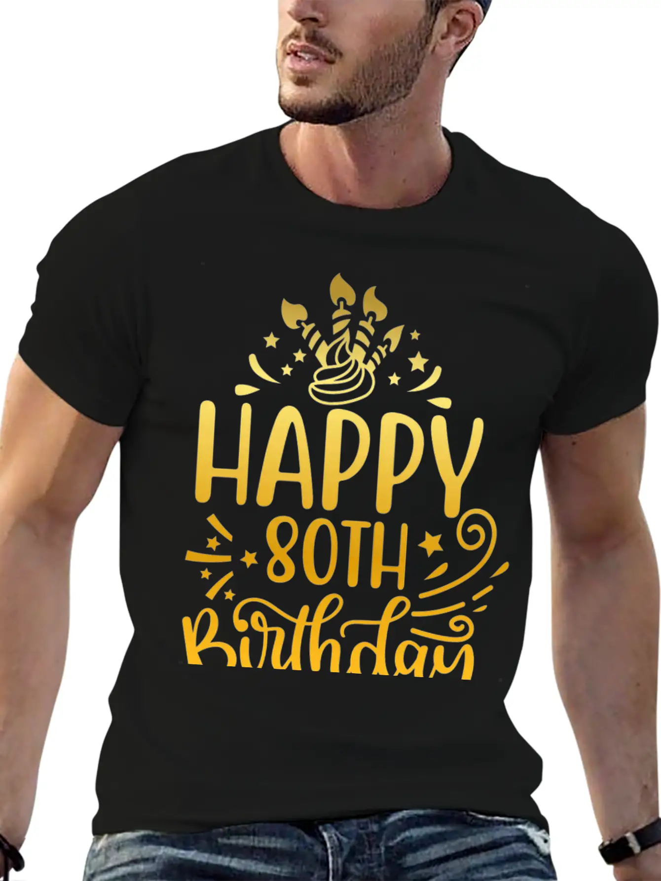 Happy 80th Birthday Presents 80 Year Old Gift Gold Unisex Short Sleeve Soft Cotton T-Shirt – Casual Everyday Wear