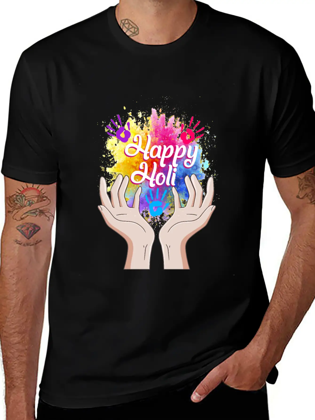 Happy Holi Festival Shirt, Happy Holi Hands Tee, Unisex Short Sleeve Soft Cotton T-Shirt – Casual Everyday Wear