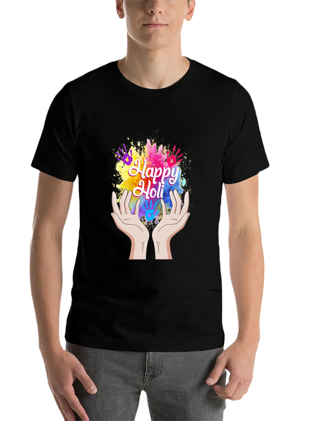 Happy Holi Festival Shirt, Happy Holi Hands Tee, Unisex Short Sleeve Soft Cotton T-Shirt – Casual Everyday Wear