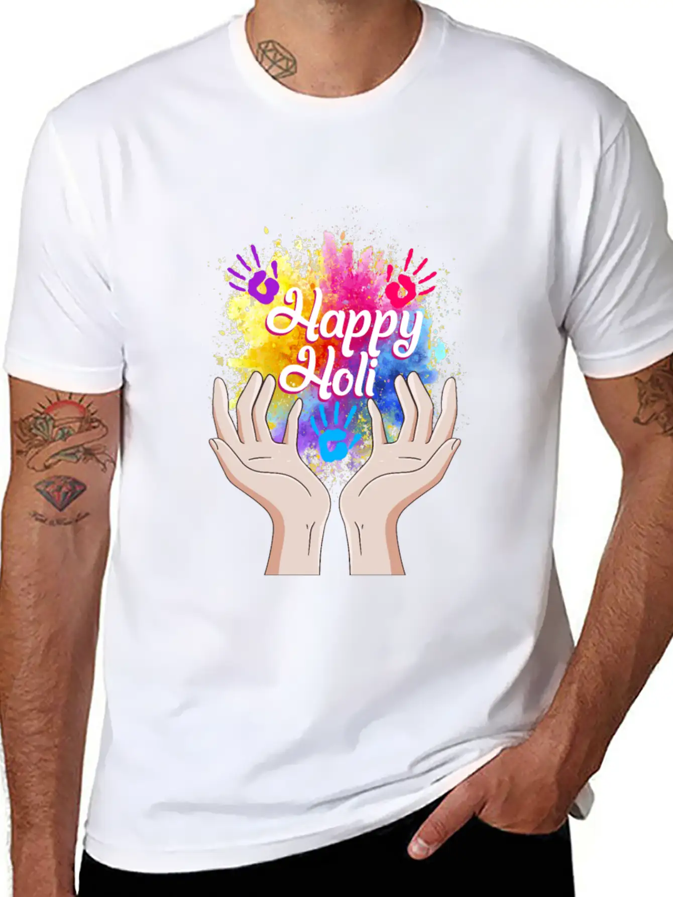 Happy Holi Festival Shirt, Happy Holi Hands Tee, Unisex Short Sleeve Soft Cotton T-Shirt – Casual Everyday Wear