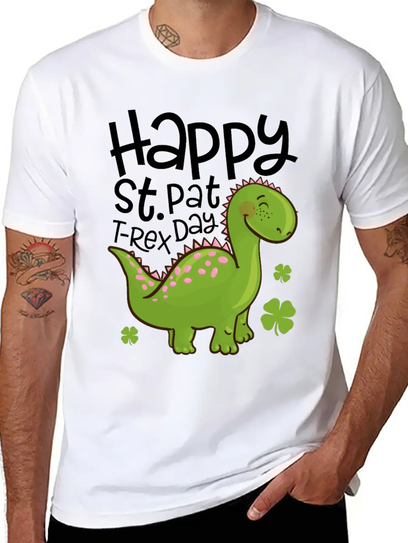 Happy St Pat T-Rex Day Dinosaur Shamrock St Unisex Short Sleeve Soft Cotton T-Shirt – Casual Everyday Wear