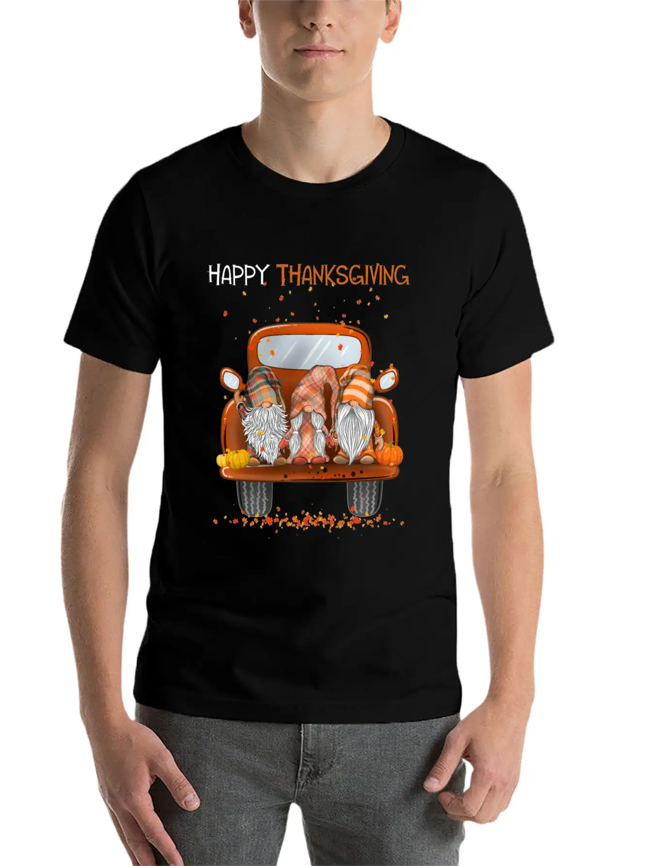 Happy Thanksgiving On Pickup Truck Gnomes Lover Stylish Everyday T-Shirt – Unisex Basic Cotton Tee