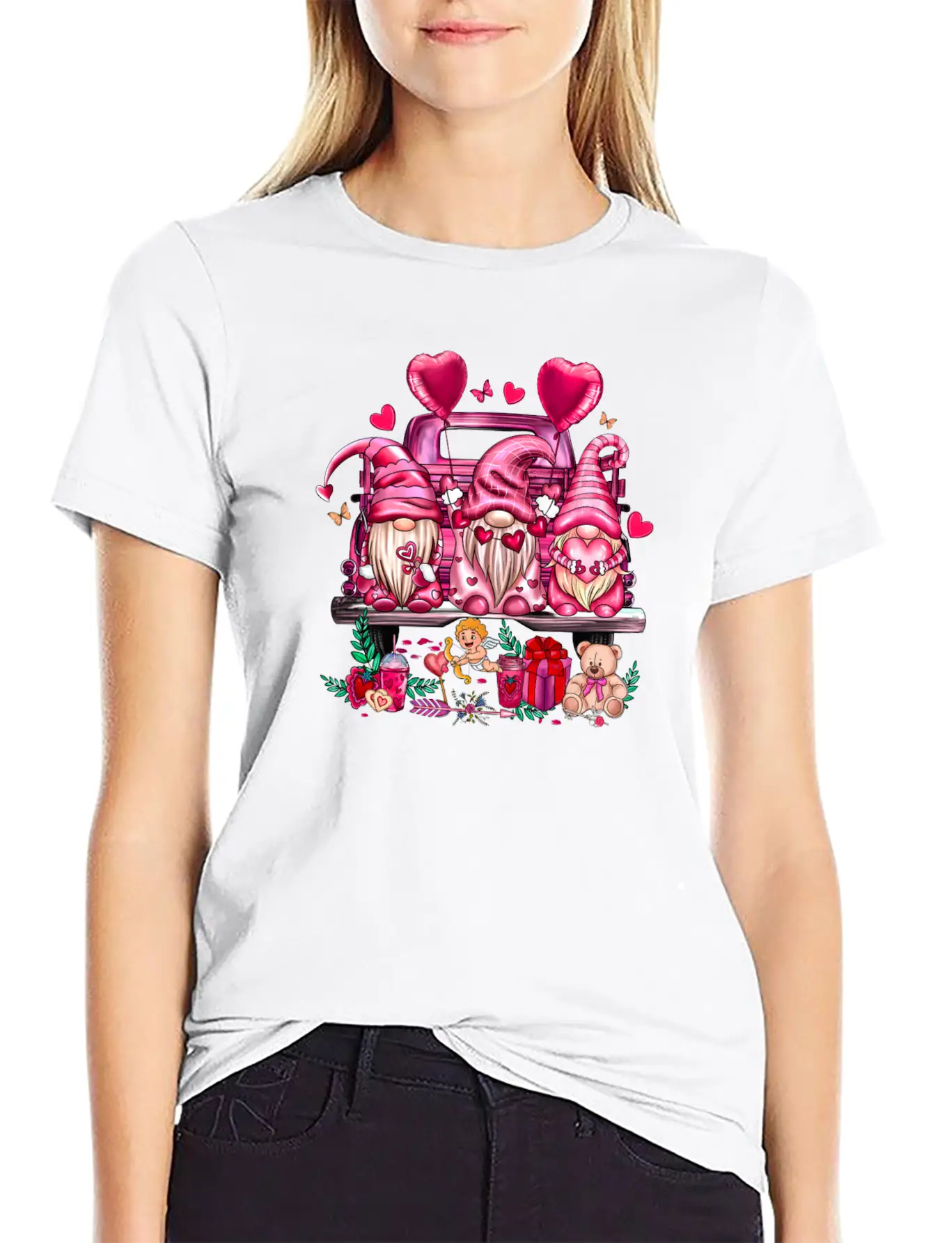 Happy Valentines Day Gnomies Pink Truck Valentines Stylish Everyday T-Shirt – Unisex Basic Cotton Tee