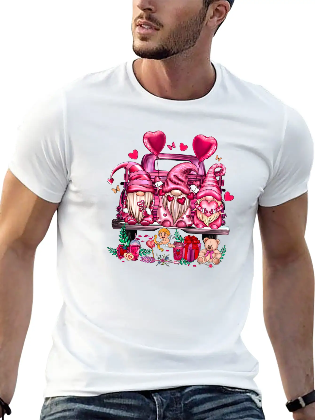 Happy Valentines Day Gnomies Pink Truck Valentines Stylish Everyday T-Shirt – Unisex Basic Cotton Tee