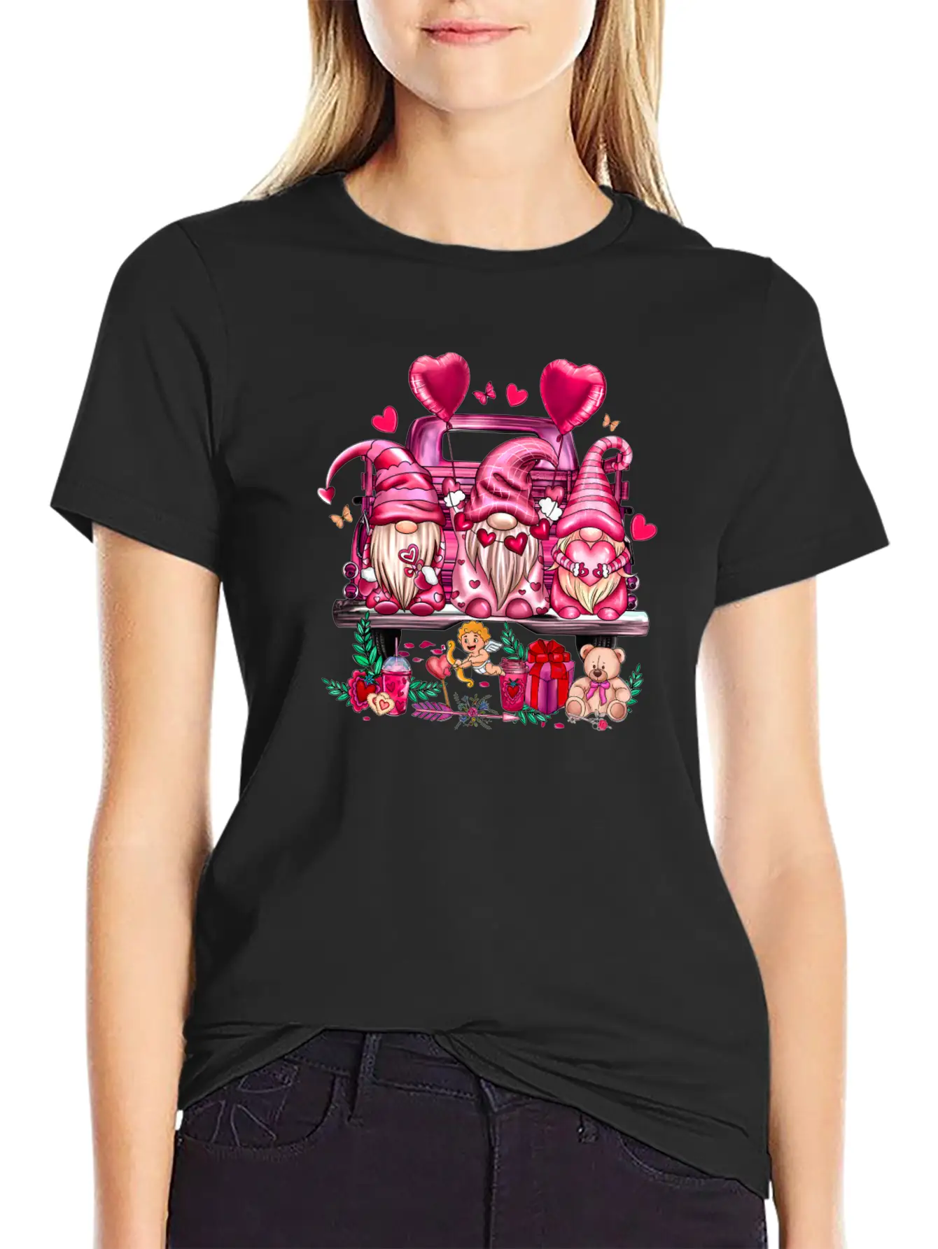 Happy Valentines Day Gnomies Pink Truck Valentines Stylish Everyday T-Shirt – Unisex Basic Cotton Tee