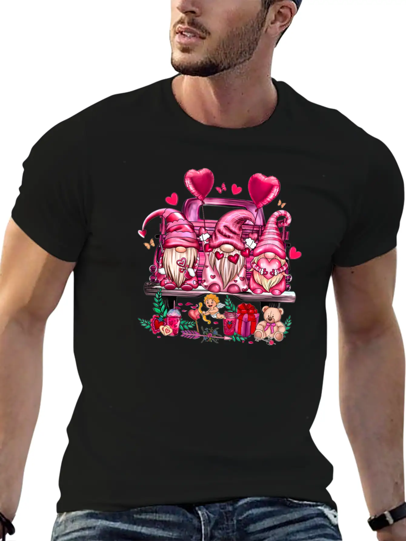 Happy Valentines Day Gnomies Pink Truck Valentines Stylish Everyday T-Shirt – Unisex Basic Cotton Tee