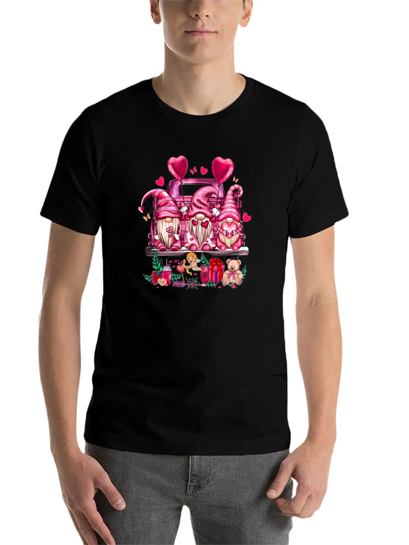 Happy Valentines Day Gnomies Pink Truck Valentines Stylish Everyday T-Shirt – Unisex Basic Cotton Tee