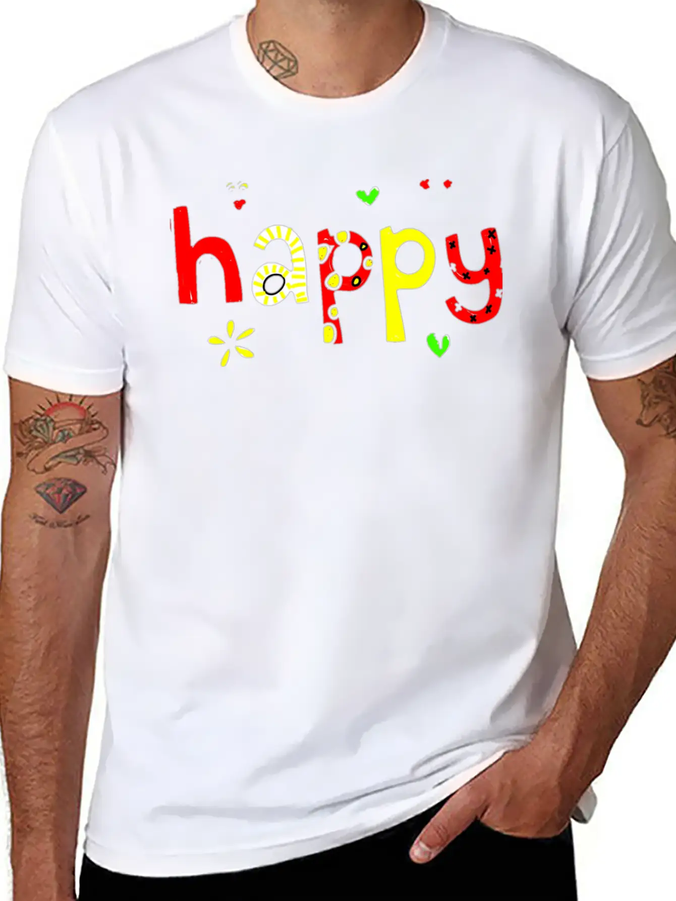 Happy Words Graffiti Hand Painted Fun Playful Stylish Everyday T-Shirt – Unisex Basic Cotton Tee