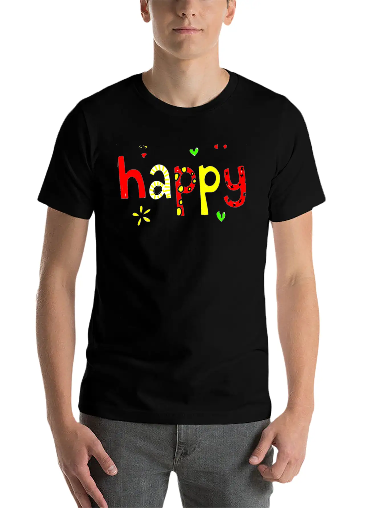 Happy Words Graffiti Hand Painted Fun Playful Stylish Everyday T-Shirt – Unisex Basic Cotton Tee