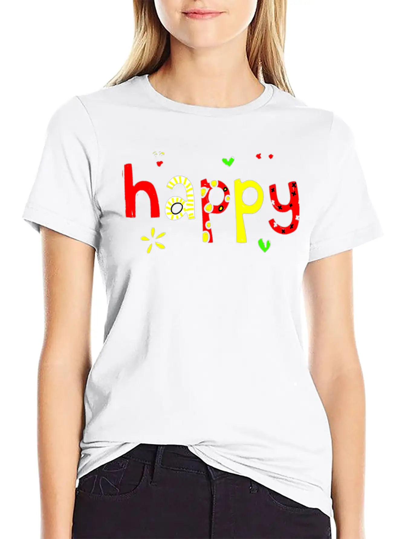 Happy Words Graffiti Hand Painted Fun Playful Stylish Everyday T-Shirt – Unisex Basic Cotton Tee