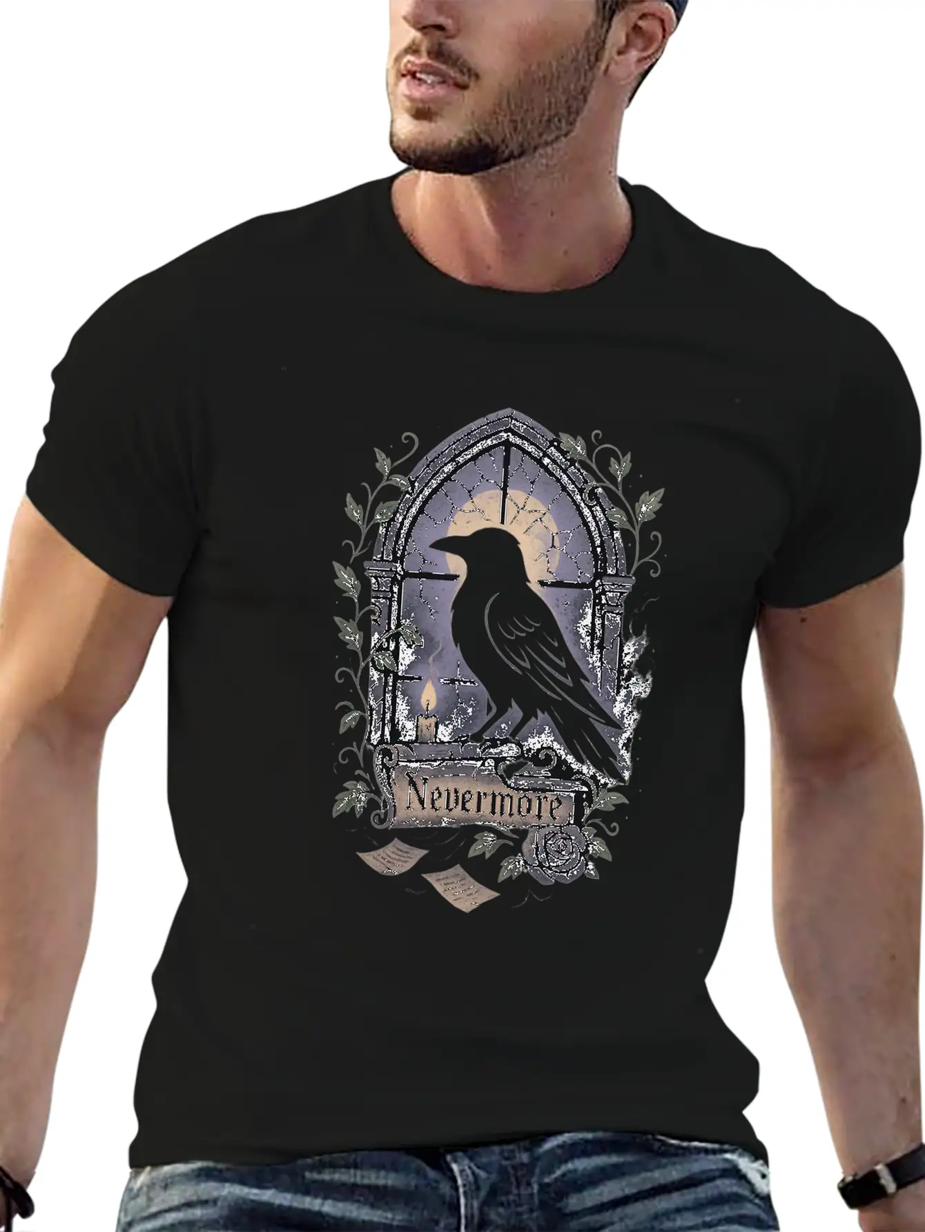 Haunted Window Raven Shadow Poe Poetry Comfortable Minimalist Graphic Tee – Summer Style Essential