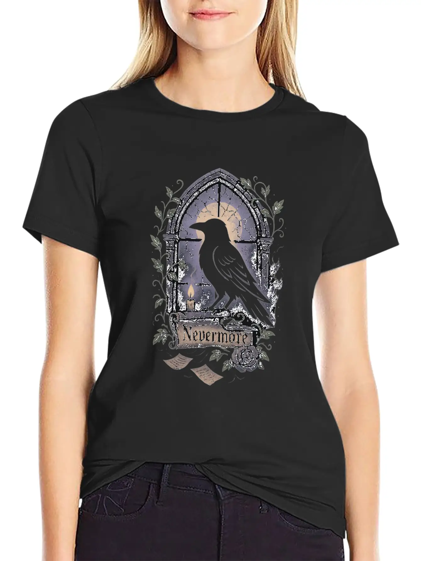 Haunted Window Raven Shadow Poe Poetry Comfortable Minimalist Graphic Tee – Summer Style Essential