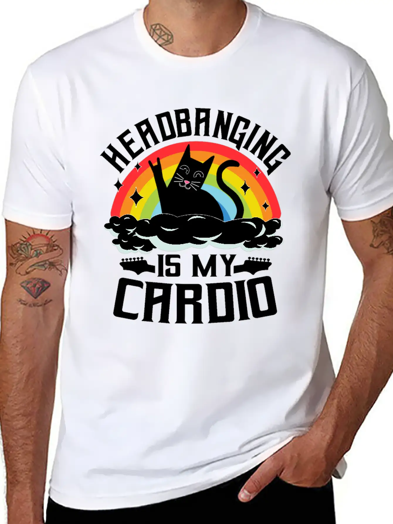 Headbanging Is My Cardio Cat Rainbow Heavy Metal Stylish Everyday T-Shirt – Unisex Basic Cotton Tee