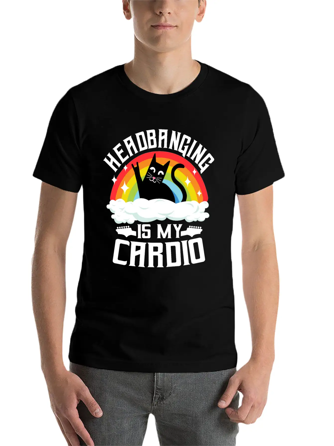 Headbanging Is My Cardio Cat Rainbow Heavy Metal Stylish Everyday T-Shirt – Unisex Basic Cotton Tee