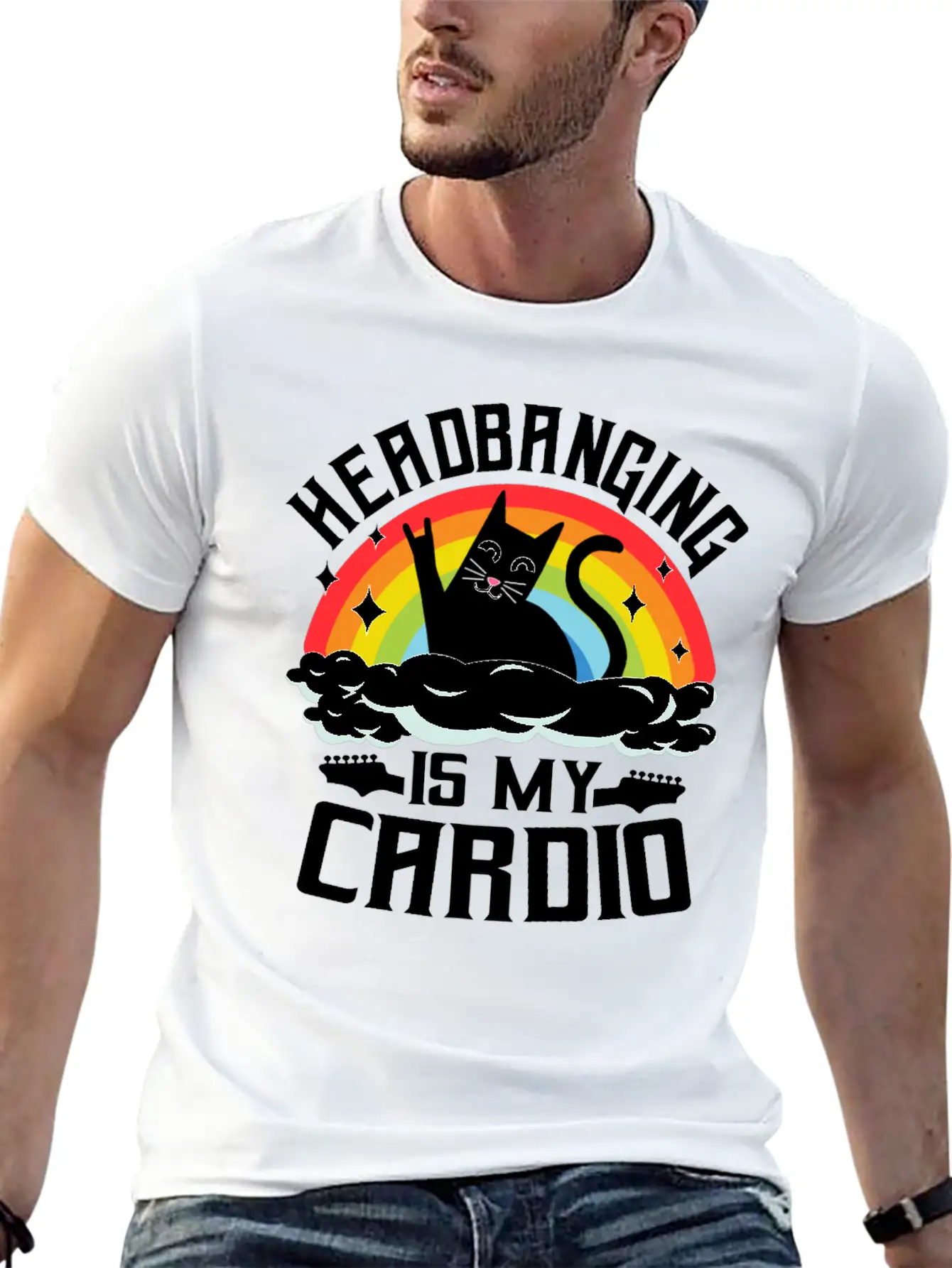 Headbanging Is My Cardio Cat Rainbow Heavy Metal Stylish Everyday T-Shirt – Unisex Basic Cotton Tee