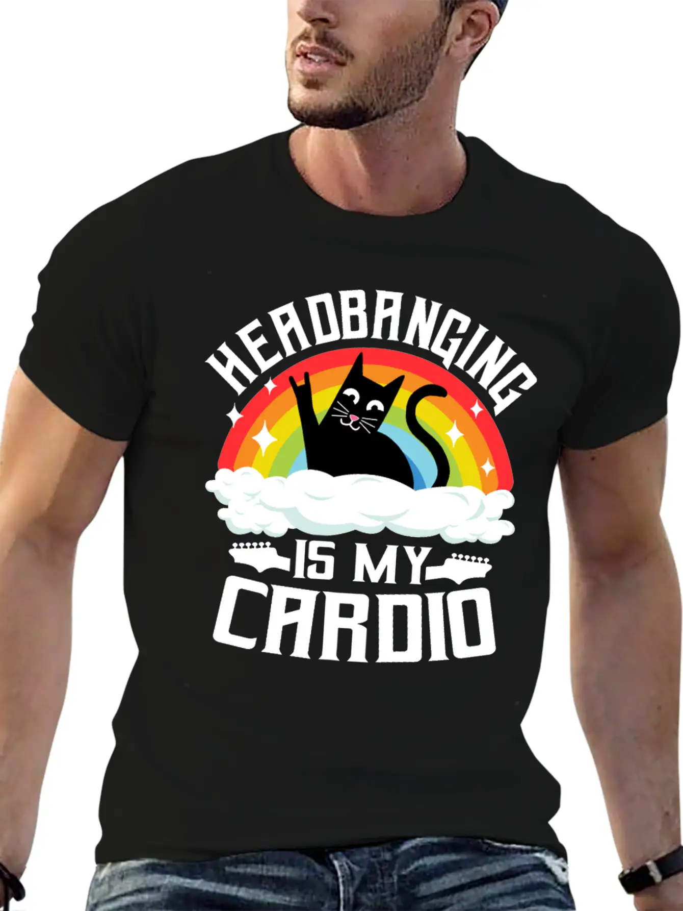 Headbanging Is My Cardio Cat Rainbow Heavy Metal Stylish Everyday T-Shirt – Unisex Basic Cotton Tee