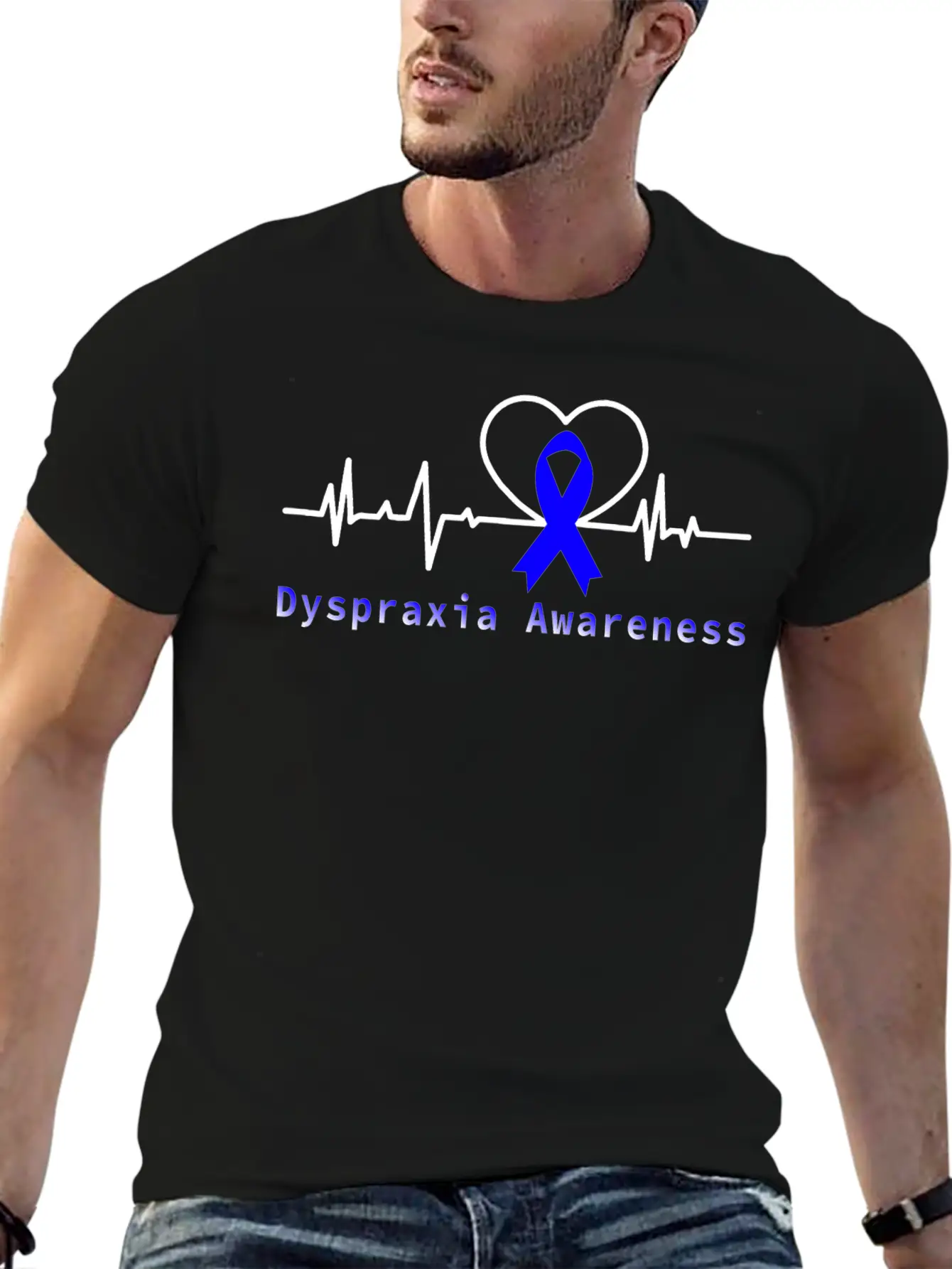 Heartbeat Dyspraxia Awareness With Blue Ribbon / D Basic Graphic T-Shirt – Daily Comfort In Soft Cotton