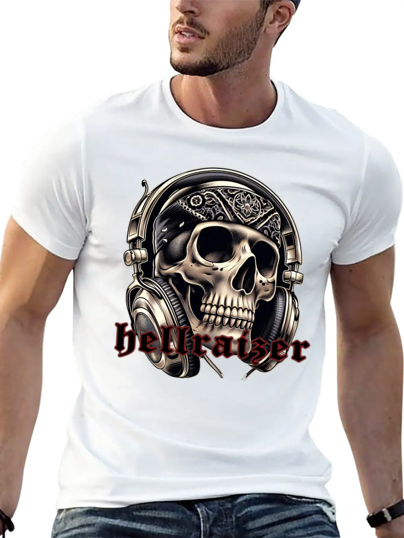 HellRaizer Skull And Headphones Unisex Short Sleeve Soft Cotton T-Shirt – Casual Everyday Wear