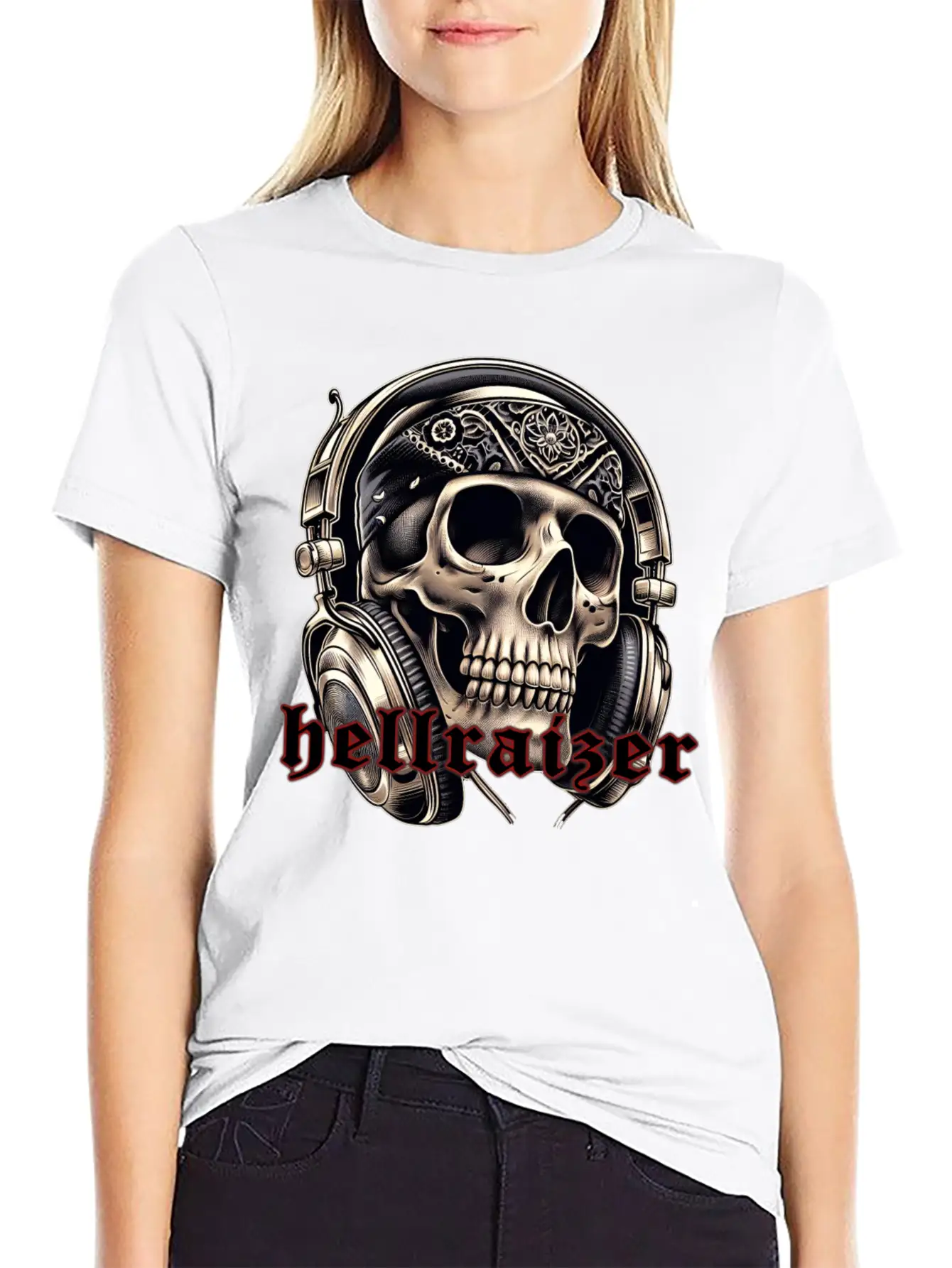 HellRaizer Skull And Headphones Unisex Short Sleeve Soft Cotton T-Shirt – Casual Everyday Wear