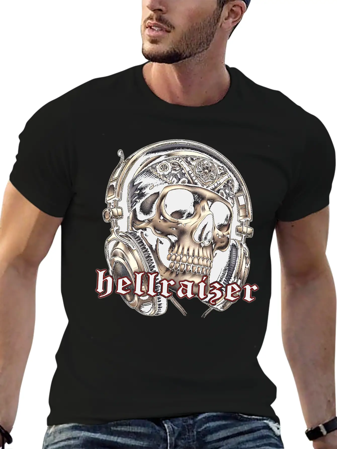 HellRaizer Skull And Headphones Unisex Short Sleeve Soft Cotton T-Shirt – Casual Everyday Wear