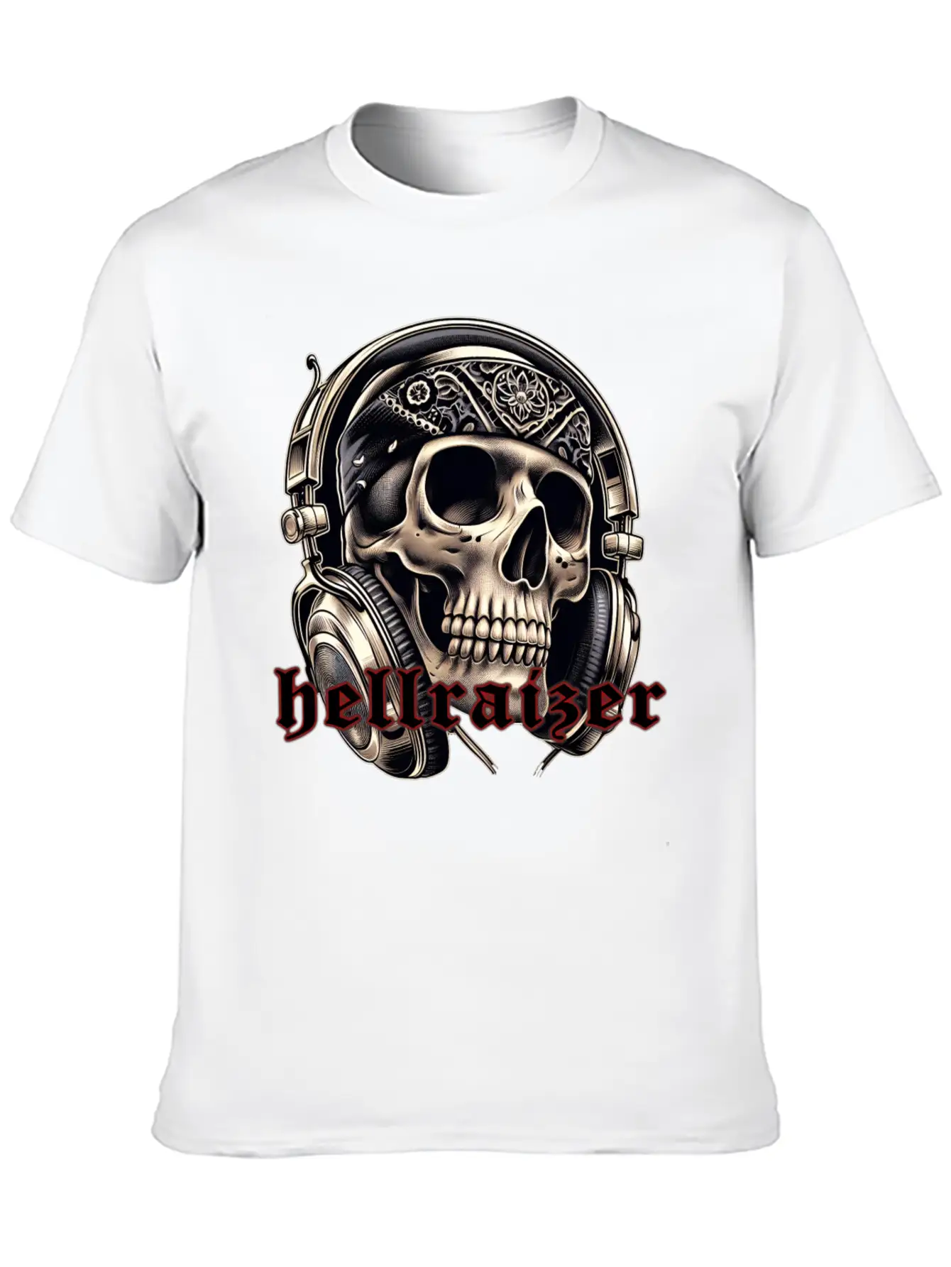 HellRaizer Skull And Headphones Unisex Short Sleeve Soft Cotton T-Shirt – Casual Everyday Wear