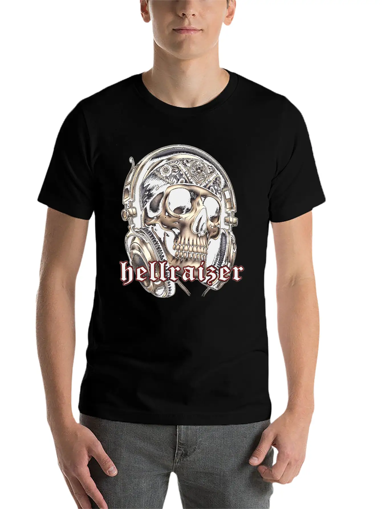 HellRaizer Skull And Headphones Unisex Short Sleeve Soft Cotton T-Shirt – Casual Everyday Wear