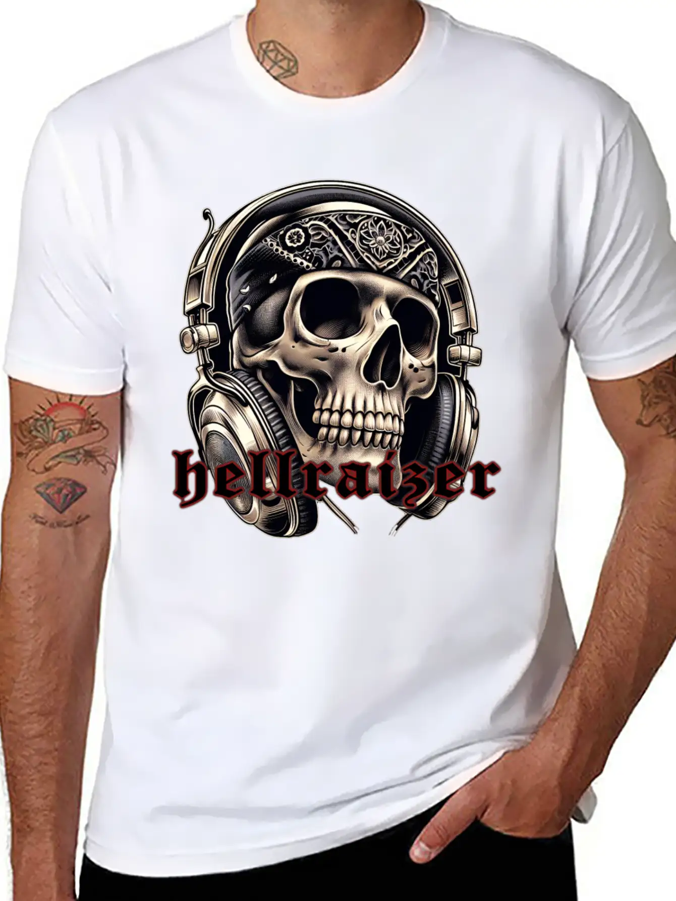 HellRaizer Skull And Headphones Unisex Short Sleeve Soft Cotton T-Shirt – Casual Everyday Wear