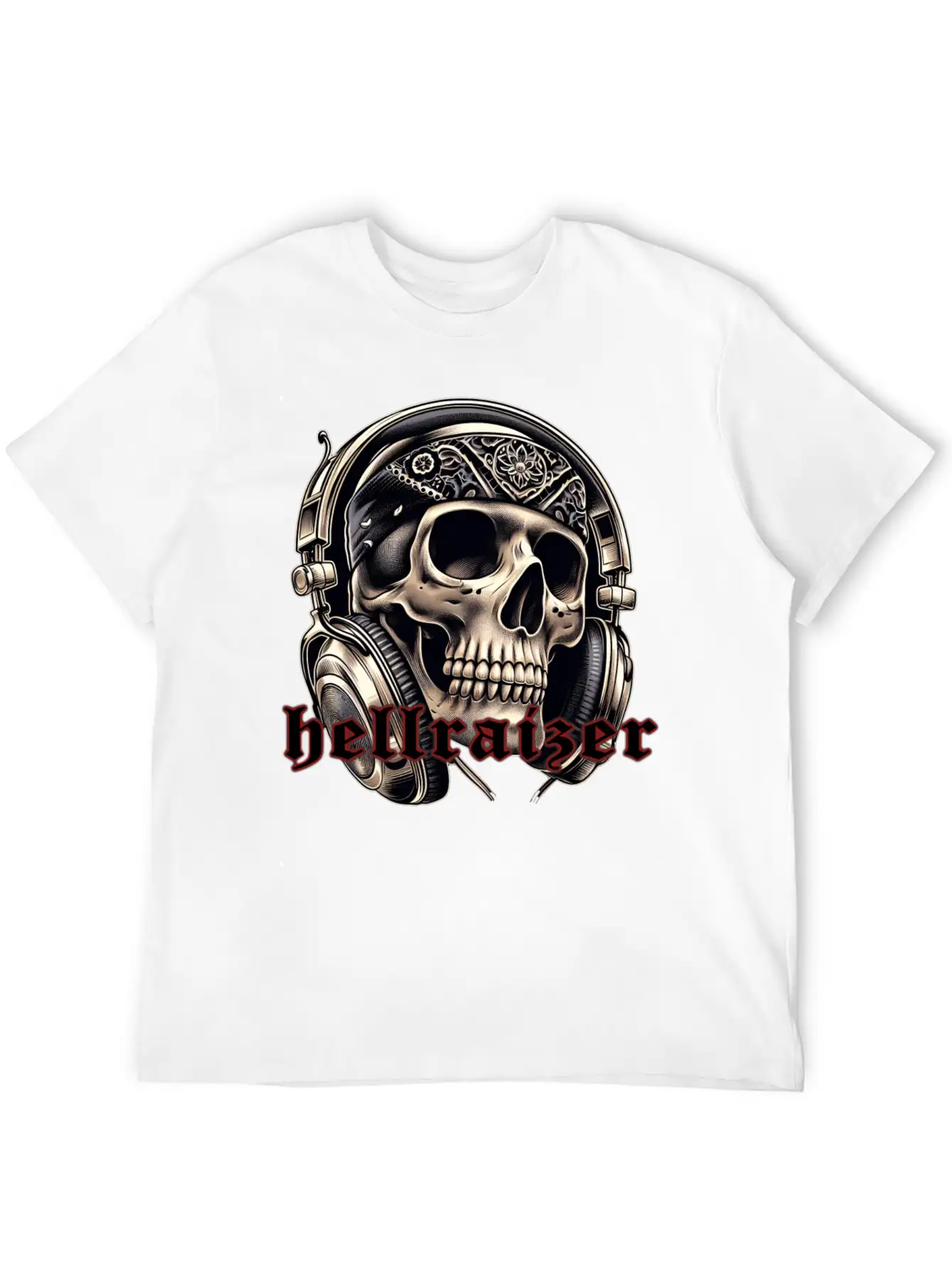 HellRaizer Skull And Headphones Unisex Short Sleeve Soft Cotton T-Shirt – Casual Everyday Wear
