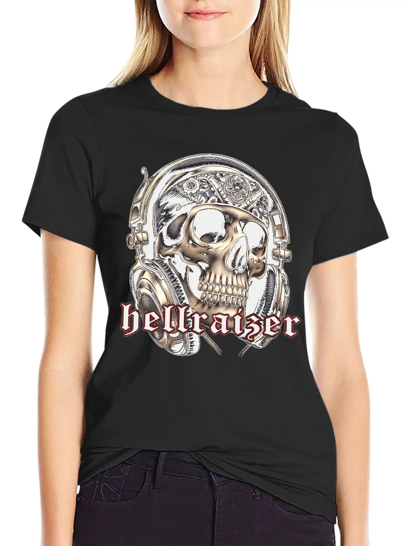 HellRaizer Skull And Headphones Unisex Short Sleeve Soft Cotton T-Shirt – Casual Everyday Wear