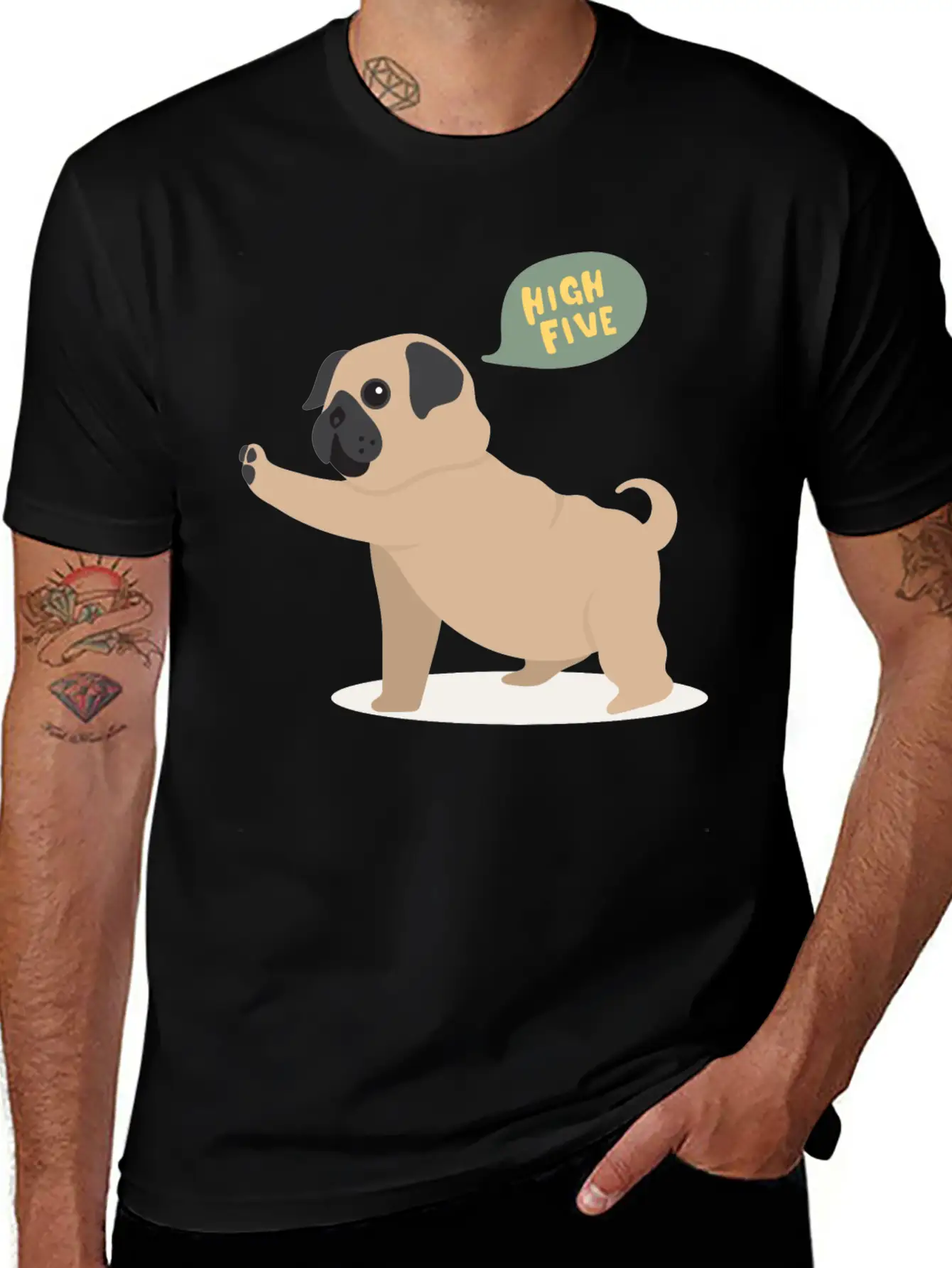 High Five Pug Dog Funny Cute Cartoon Gift Unisex Short Sleeve Soft Cotton T-Shirt – Casual Everyday Wear