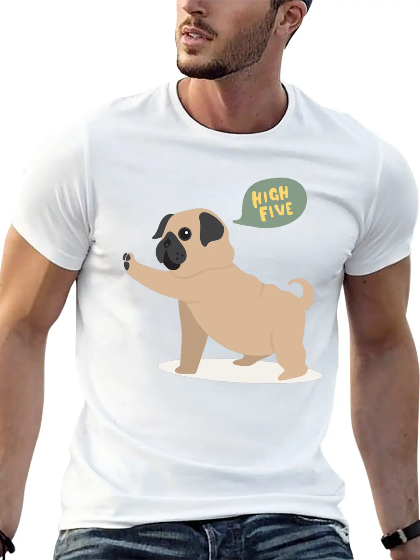 High Five Pug Dog Funny Cute Cartoon Gift Unisex Short Sleeve Soft Cotton T-Shirt – Casual Everyday Wear