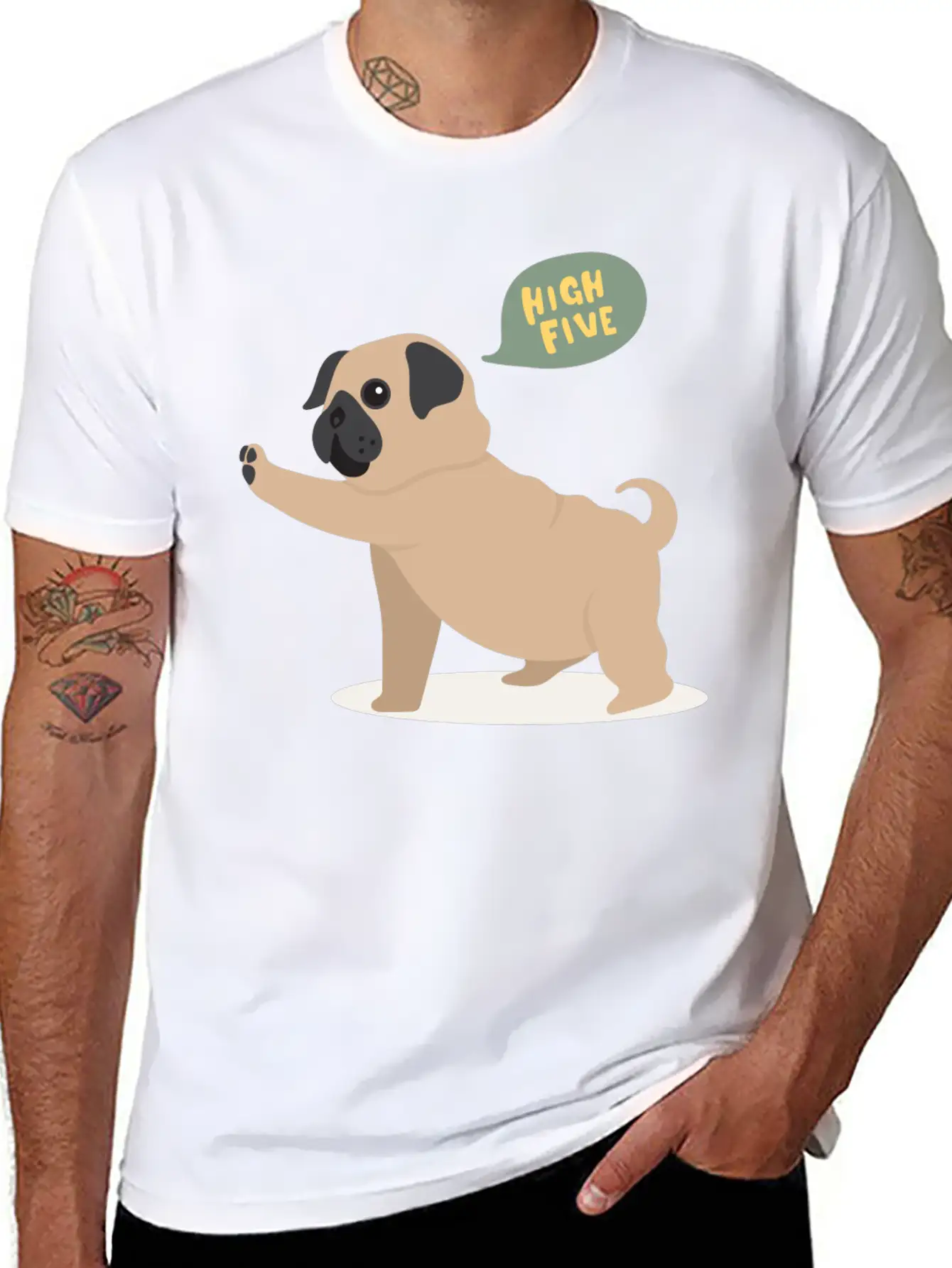 High Five Pug Dog Funny Cute Cartoon Gift Unisex Short Sleeve Soft Cotton T-Shirt – Casual Everyday Wear