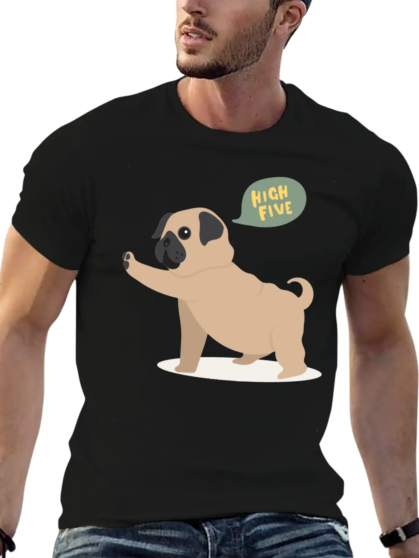 High Five Pug Dog Funny Cute Cartoon Gift Unisex Short Sleeve Soft Cotton T-Shirt – Casual Everyday Wear